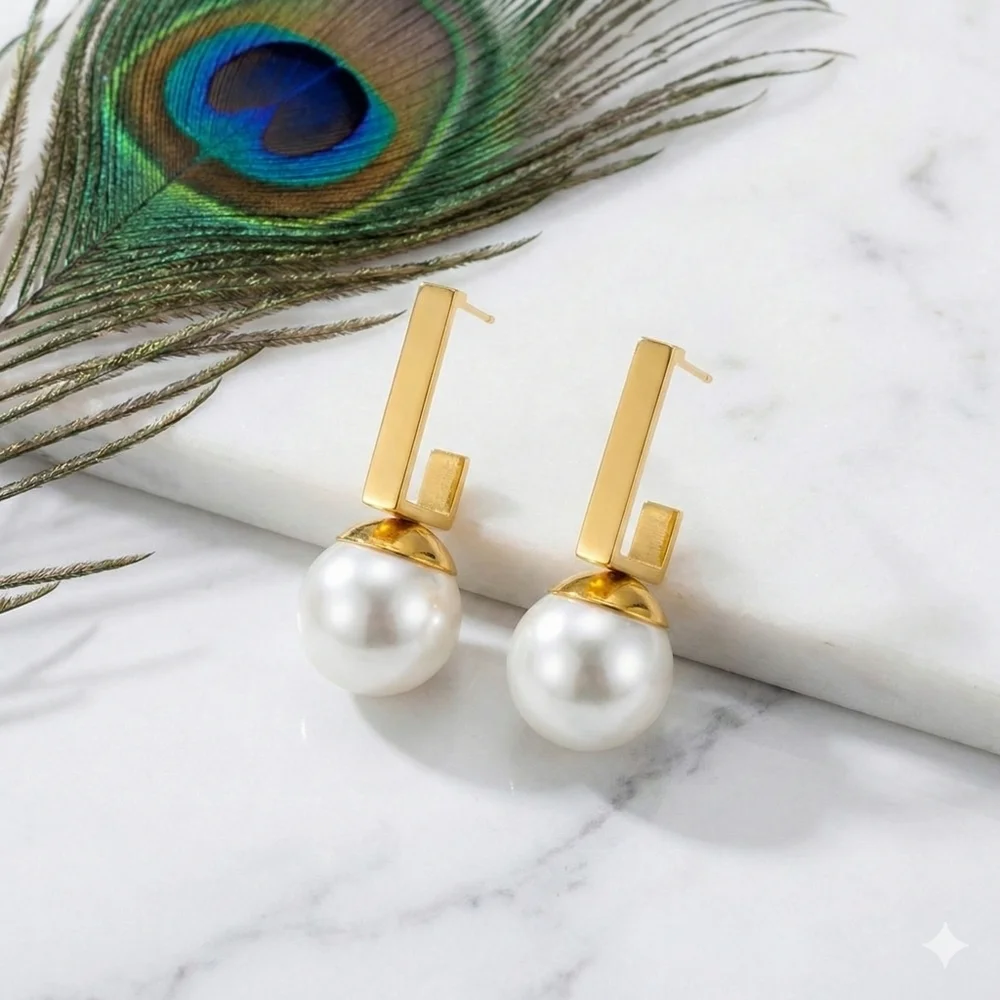 18K Gold Plated Steel Pearl Drop Earrings Geometric Rectangle C-Hoop Modern Stud